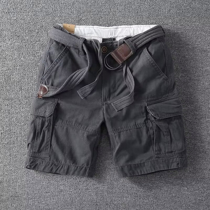 Men's Logan dark gray cargo shorts with a button-front waist, belt, and utility pockets.