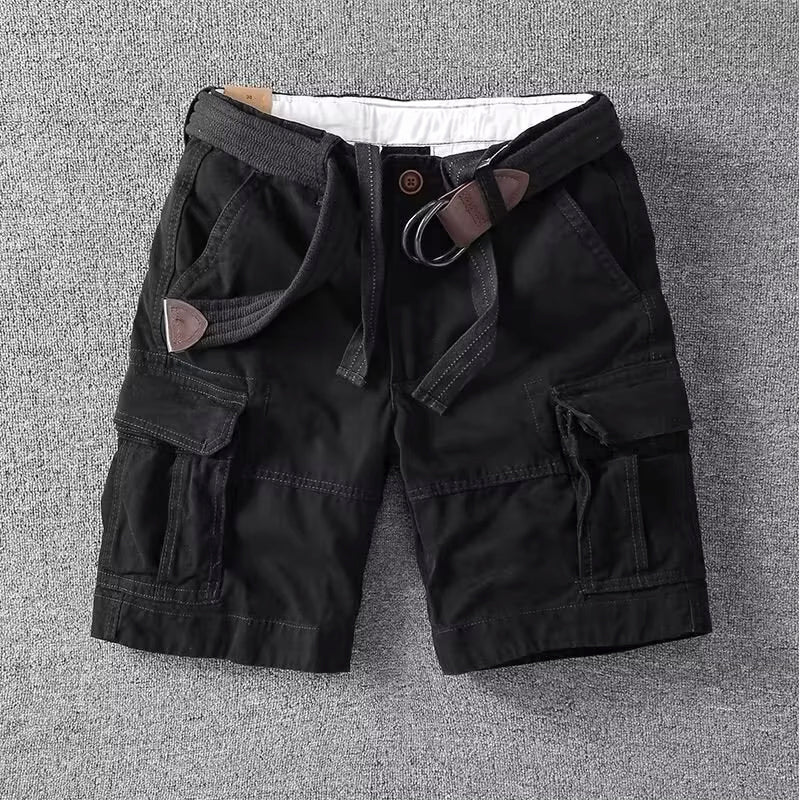 Men's black Logan cargo shorts with visible utility pockets, button-front waist, and included belt.