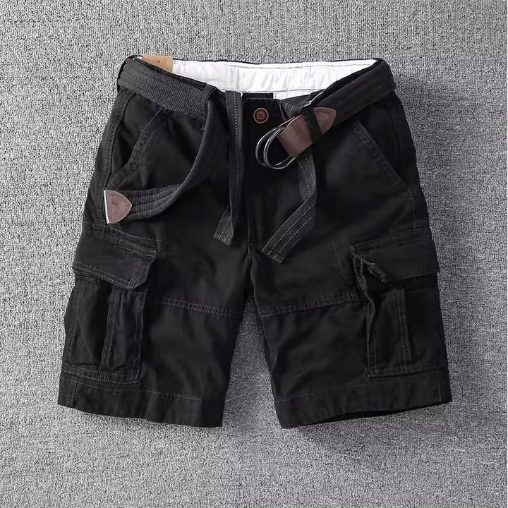 Men's black Logan cargo shorts with visible utility pockets, button-front waist, and included belt.