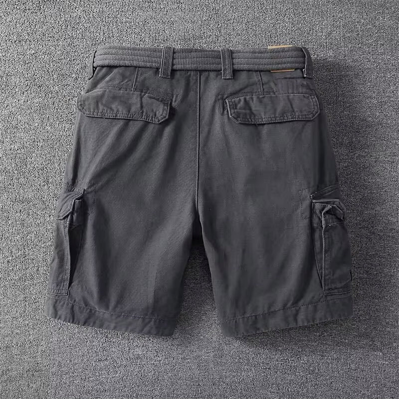 Men's Logan dark gray cargo shorts with a belt, multiple utility pockets, and above-knee length.