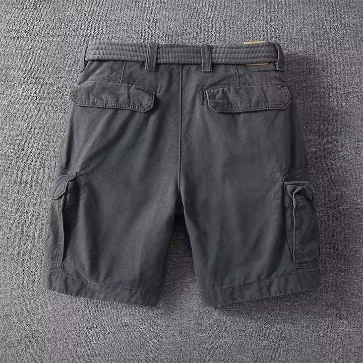Men's Logan dark gray cargo shorts with a belt, multiple utility pockets, and above-knee length.