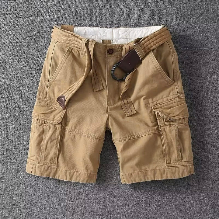 Men's Logan khaki cargo shorts with visible utility pockets, button-front waist, and a brown belt.