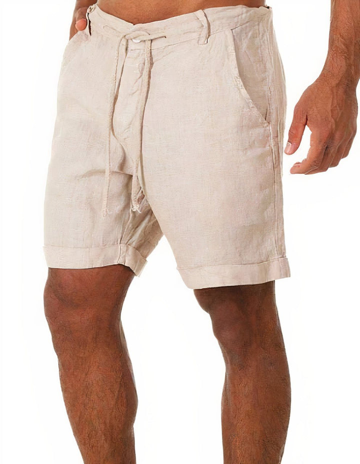 Men's Luca natural linen drawstring shorts with belt loops, side pockets, and above-knee length.