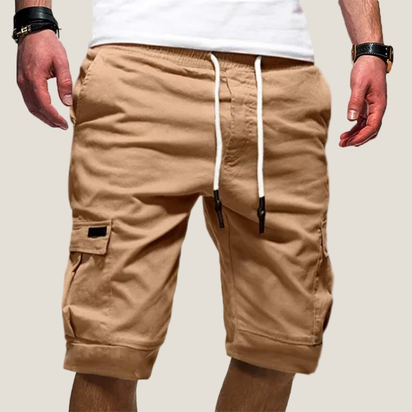 Men's Lucas drawstring cargo shorts in tan, featuring a knee-length cut and visible side pockets.