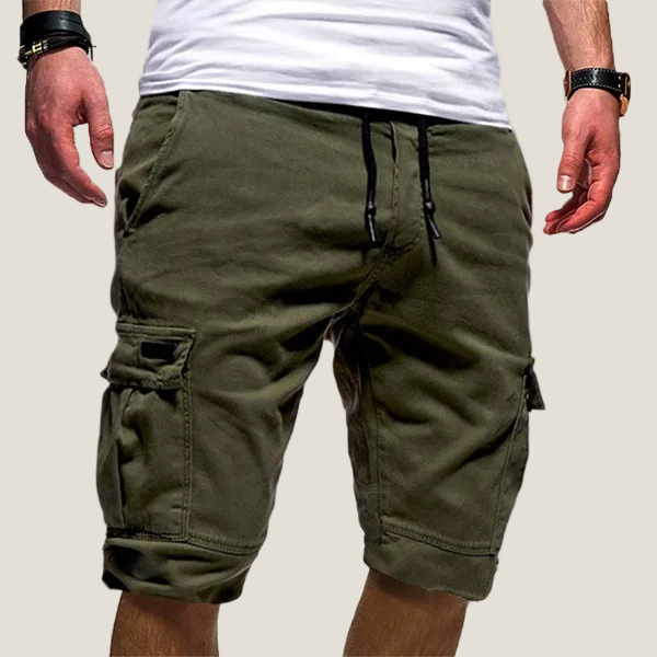 Men's olive green drawstring cargo shorts with knee-length cut and visible side pockets.