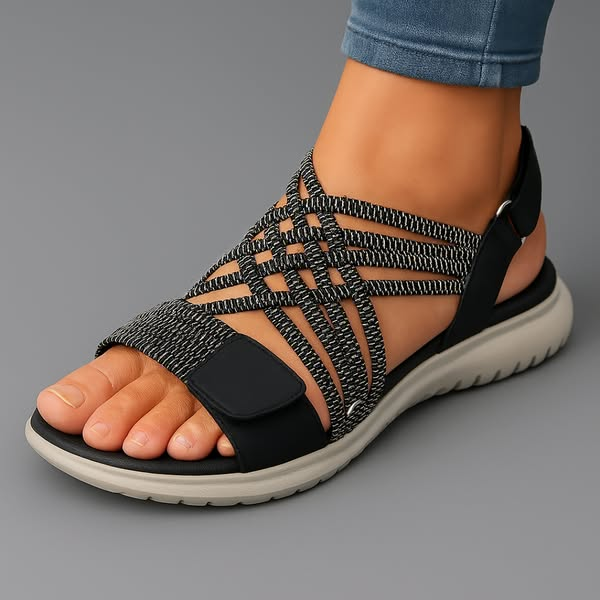 Black Lucia women's orthopedic walking sandals with stretch straps and arch support.