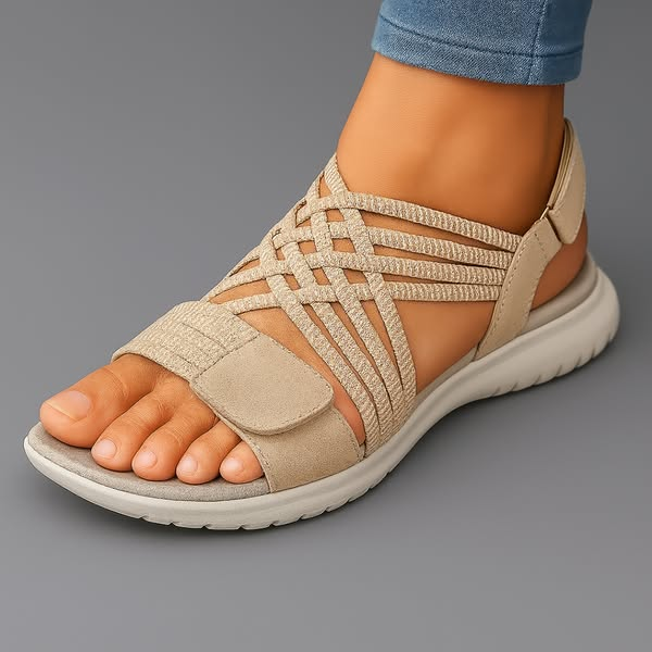 Beige Lucia women's orthopedic walking sandals with stretch straps and arch support.