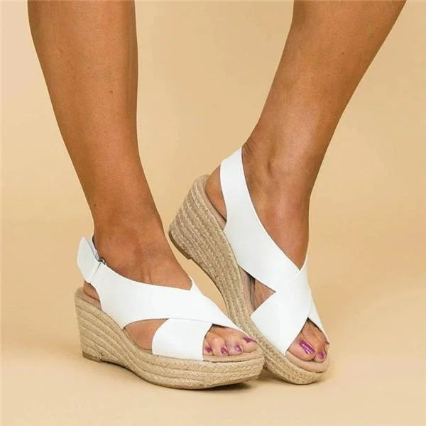 White Lyka women's orthopedic wedge sandals with cushioned footbed, size 5.5, featuring a wide strap.