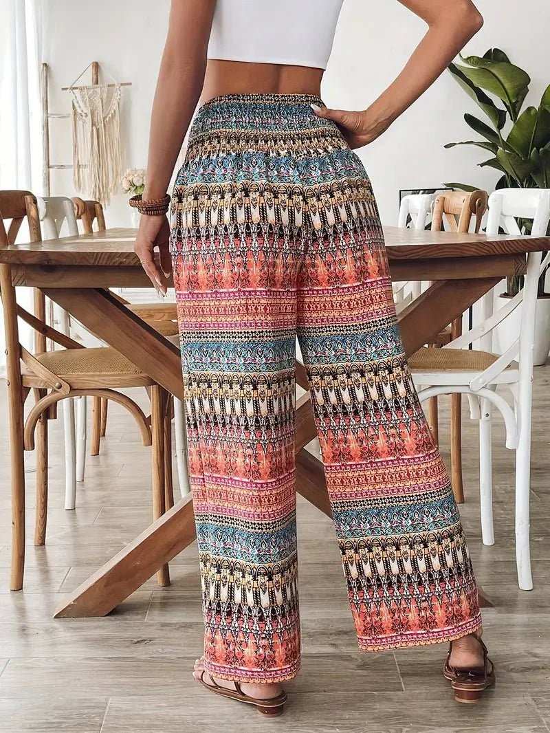 Women's Lyra boho print wide leg pants with a colorful multicolor design and drawstring waist.