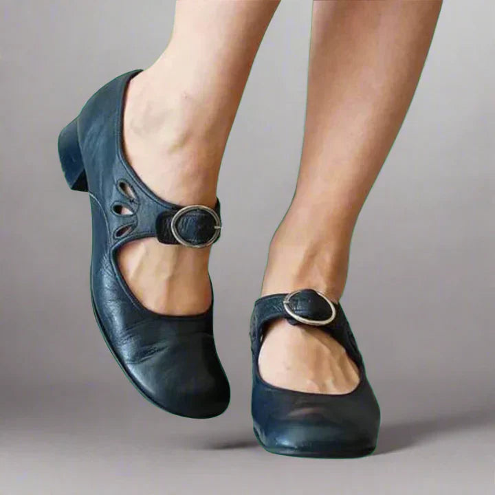 Navy blue leather wedge sandals with buckle strap, orthopedic design for women.