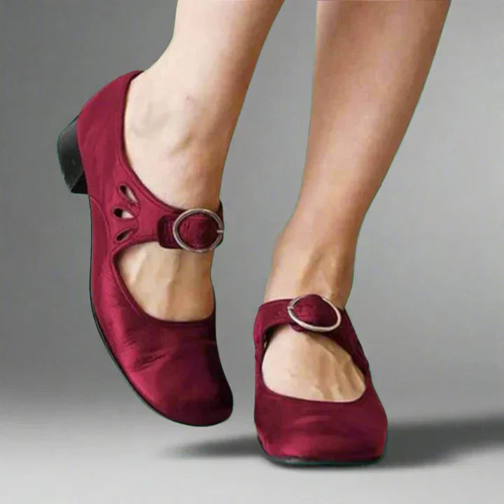 Chestnut red leather wedge sandals with buckle strap, orthopedic design for women.
