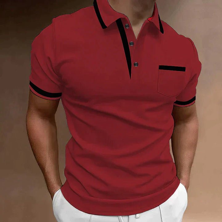 Men's Mason red short-sleeve polo shirt with black contrast trim, collared neckline, button placket, and chest pocket.