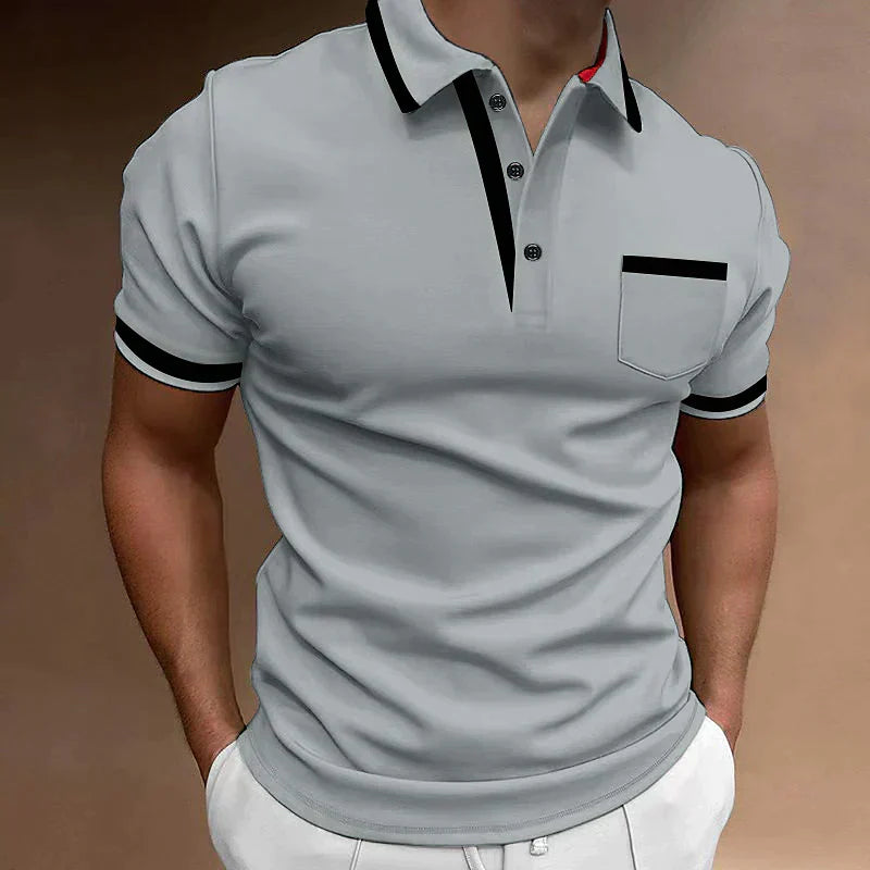 Men's light gray Mason polo shirt with black contrast trim on collar, placket, pocket, and sleeves.