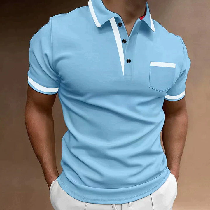Men's light blue Mason polo shirt with white contrast trim on collar, placket, pocket, and sleeves.