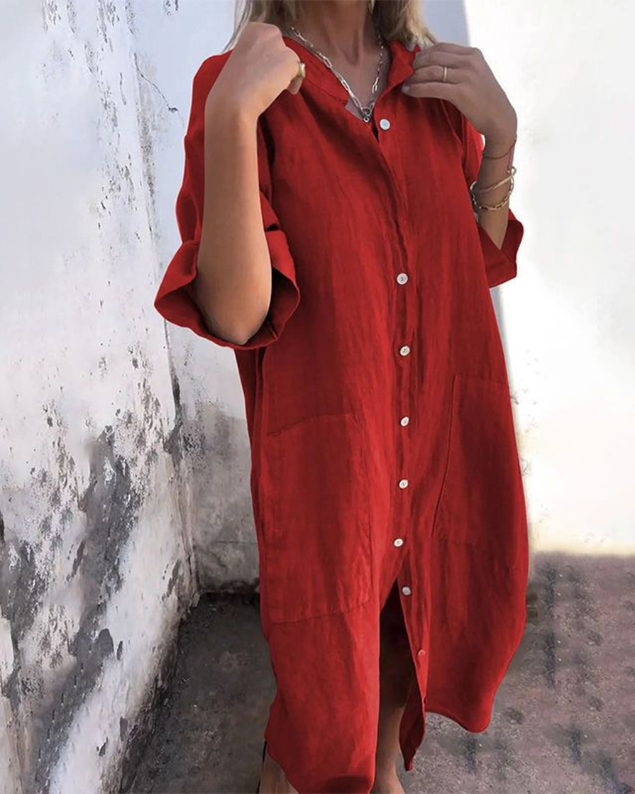 Mina women's plus size red linen-blend shirt dress with button-front, collar, and front pockets.