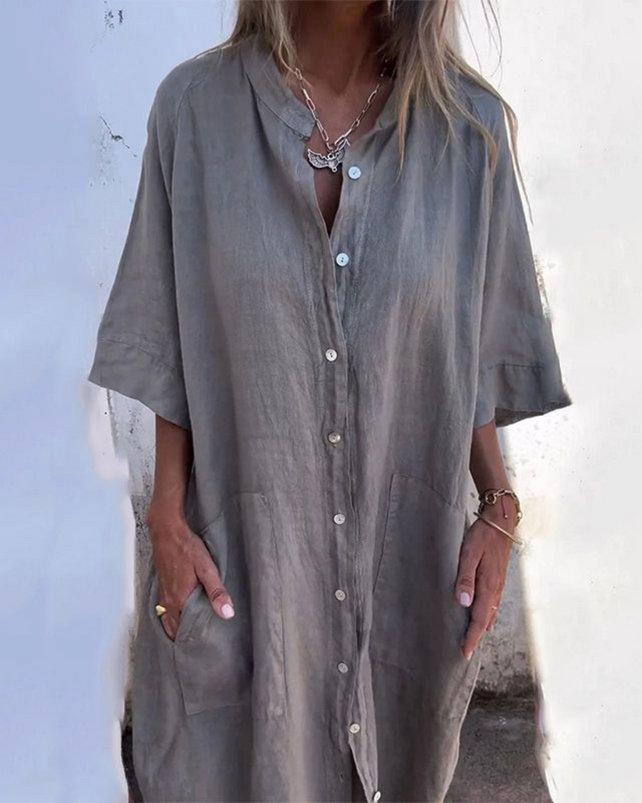 Mina women's plus size gray linen blend shirt dress with button-front, relaxed fit, and pockets.