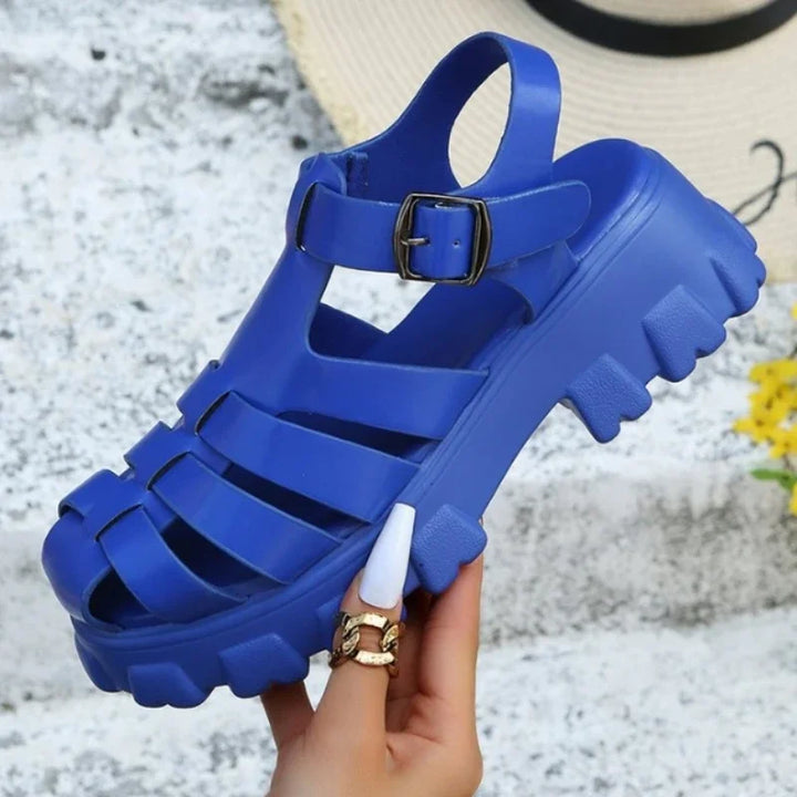 Blue Mira women's platform fisherman sandals with buckle strap.