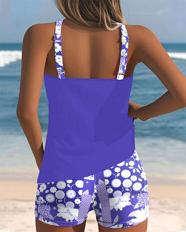 Mirelle women's floral print tankini with black shorts, a stylish and comfortable two-piece swimsuit.