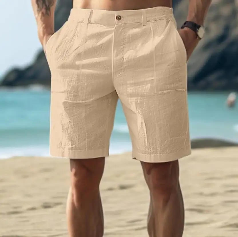 Men's Nico above-knee button-front shorts in a light beige, linen-blend fabric with front pockets.