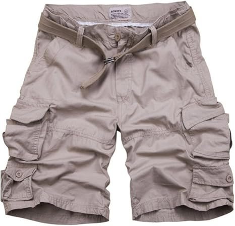 Men's Nolan belted cargo shorts in a versatile beige, featuring practical side pockets and a secure button closure.