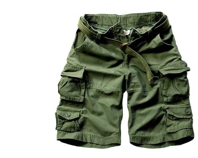 Men's Nolan olive green cargo shorts with multiple utility pockets and a coordinating belt.