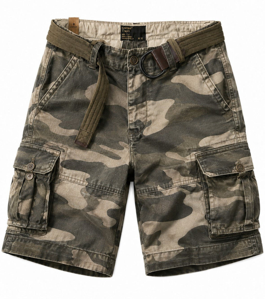 Men's Nolan camo belted cargo shorts with side pockets for practical style.