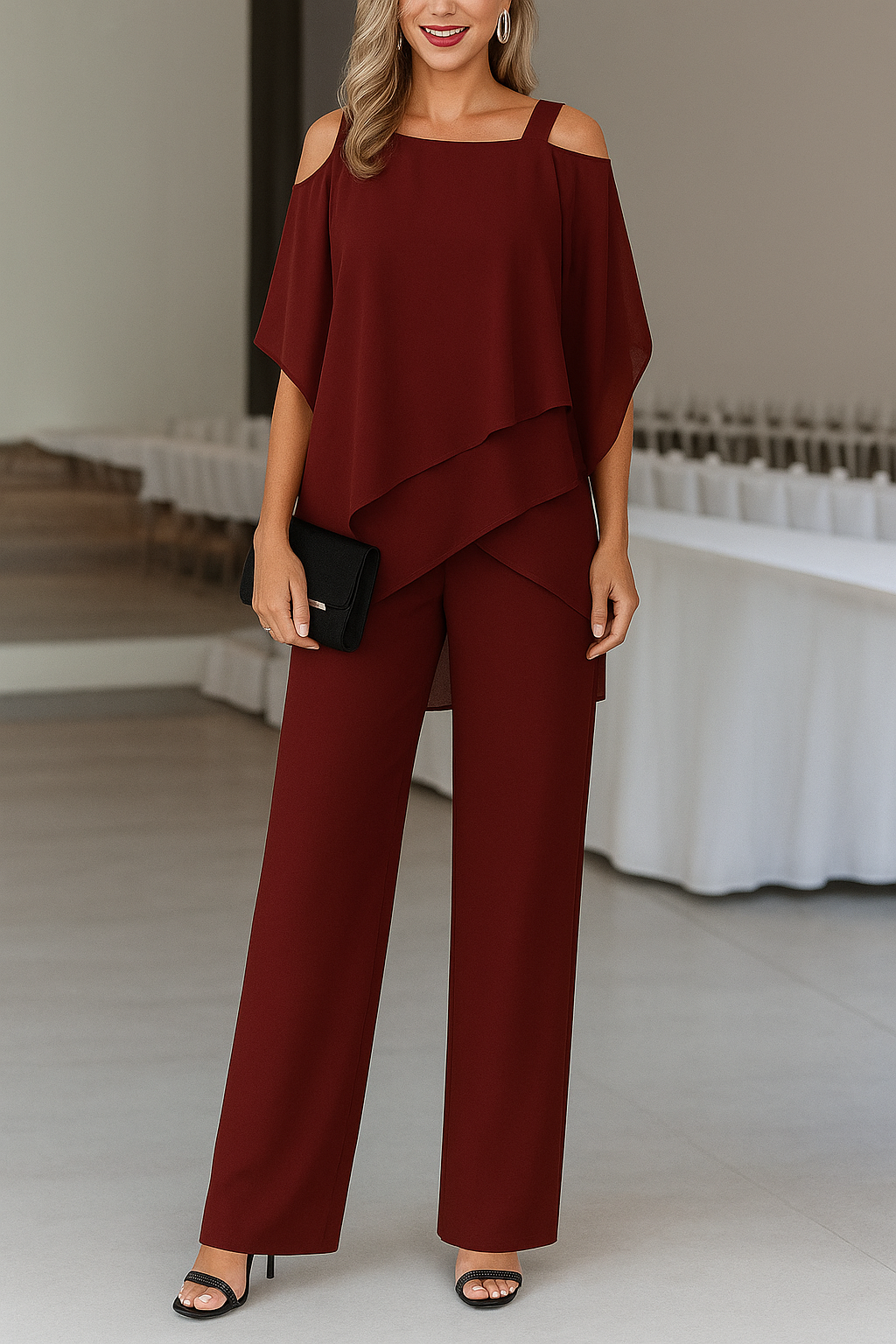 Women's Odessa cold shoulder wide-leg jumpsuit in burgundy with a draped overlay.