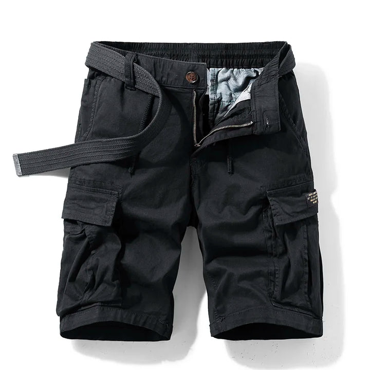 Men's black cotton cargo shorts with a drawstring waist, visible side pockets, and a matching belt.