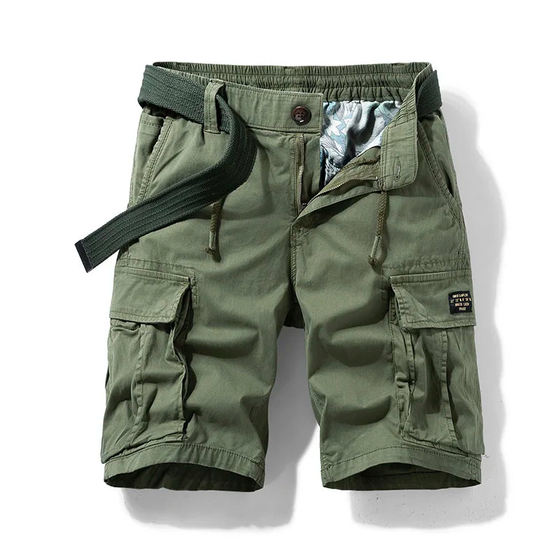 Men's olive green drawstring cargo shorts with visible pockets and a matching belt.
