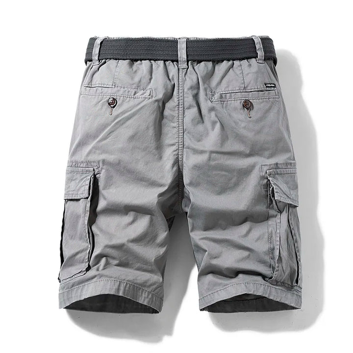 Men's gray cargo shorts with a dark belt, visible side cargo pockets, and back buttoned pockets.