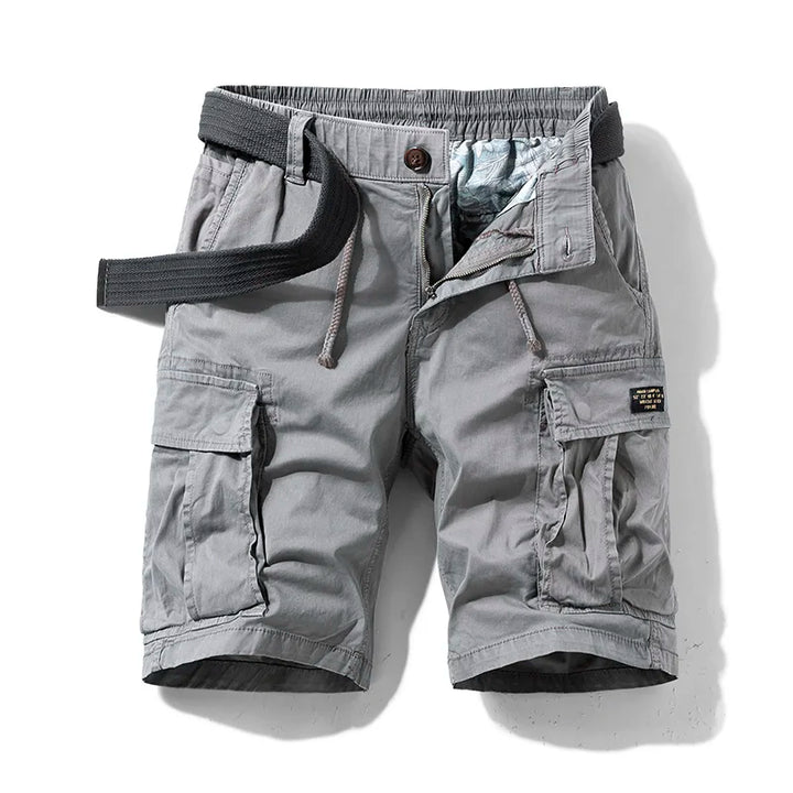 Men's Owen gray drawstring cargo shorts with visible side pockets and a dark belt.