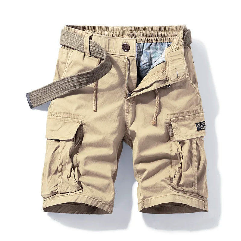 Men's Owen tan drawstring cargo shorts with visible side pockets and a matching belt.