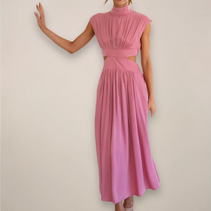 Pink cutout waist maxi dress with cap sleeves.