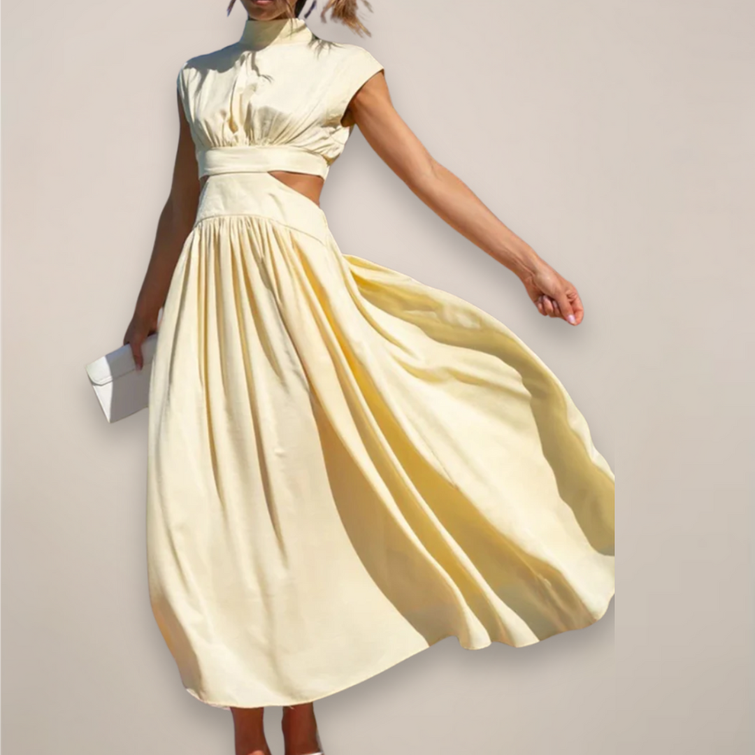 Light yellow cutout waist maxi dress with cap sleeves.