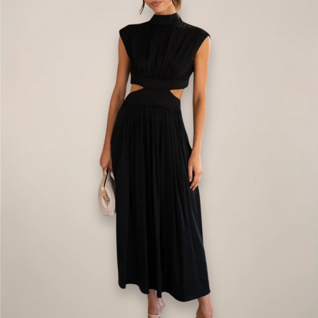 Black cutout waist maxi dress with cap sleeves.