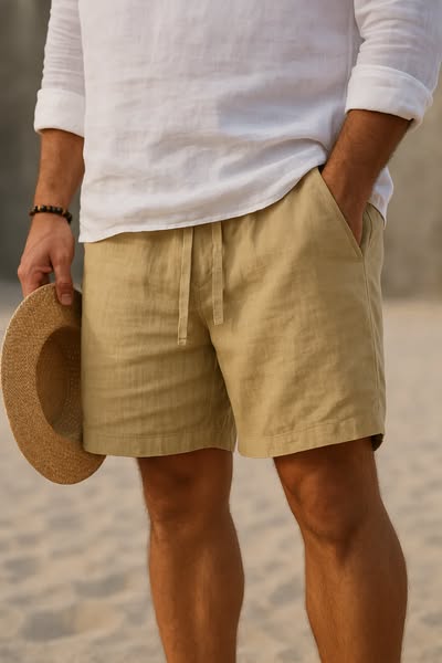Men's Rafael above-knee drawstring shorts in tan, paired with a white linen shirt and straw hat.