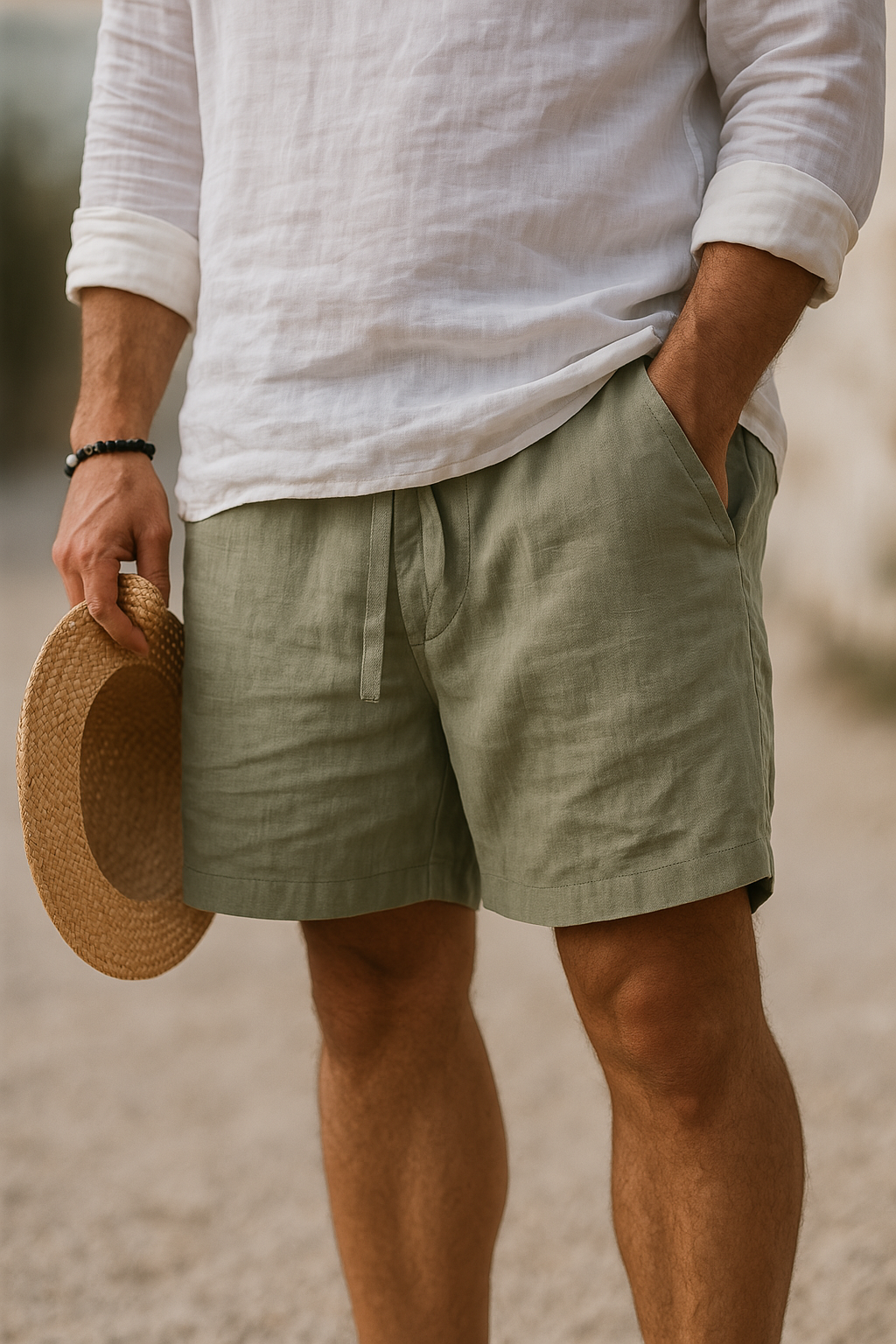 Men's Rafael olive green drawstring above-knee shorts with side pockets, worn with a white linen shirt.