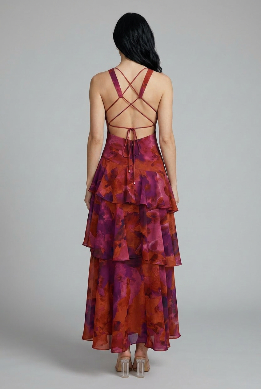 Rosaline floral maxi dress with deep V-neck, sleeveless bodice, layered ruffle skirt, and criss-cross back straps.