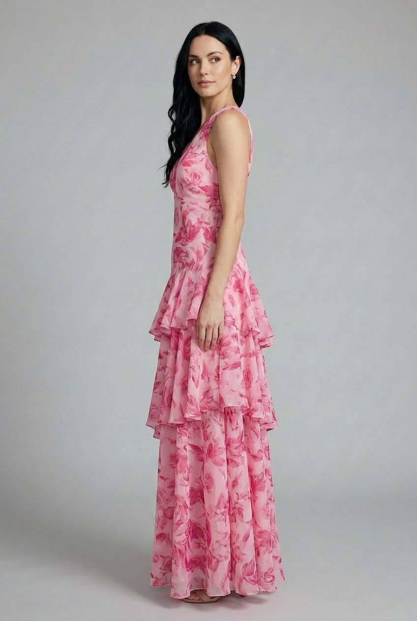 Women's Rosaline pink floral maxi dress with deep V-neck, sleeveless bodice, and layered ruffle skirt.