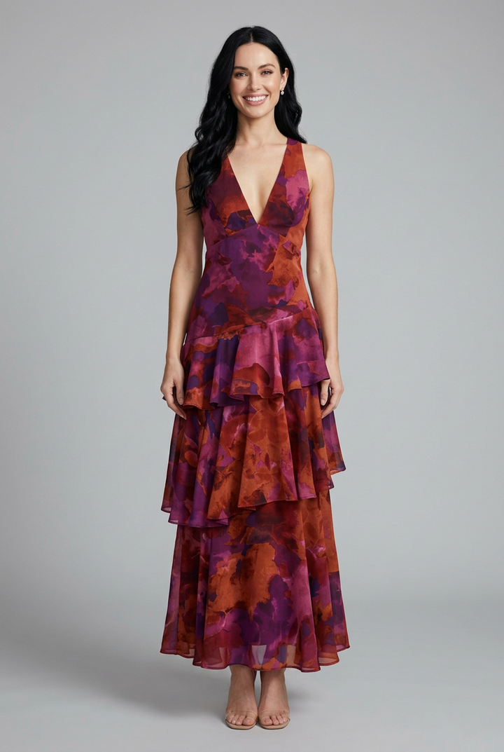 Rosaline women's floral summer maxi dress with deep V-neck, sleeveless bodice, and layered ruffle skirt.
