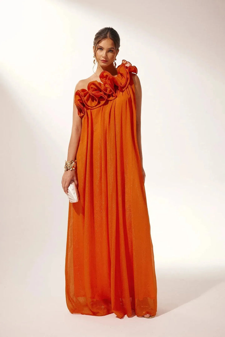 White one-shoulder ruffle maxi dress for women, flowing fabric.