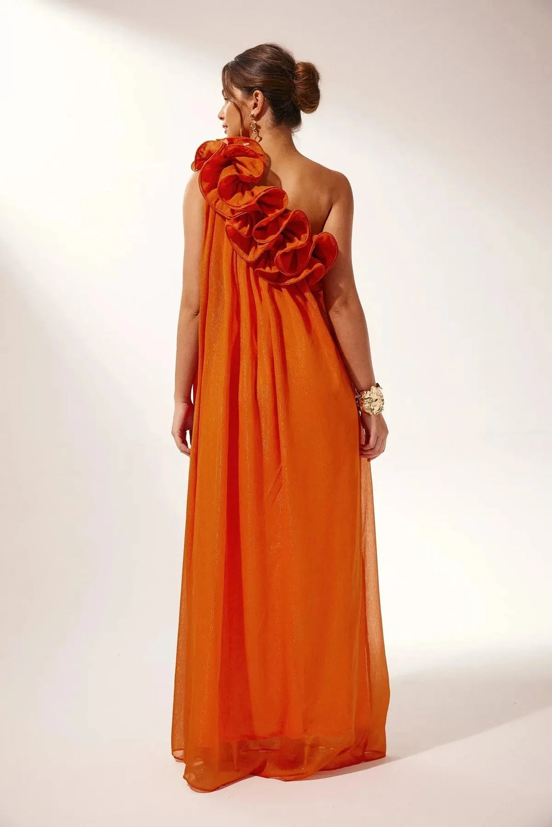 White one-shoulder ruffle maxi dress for women.