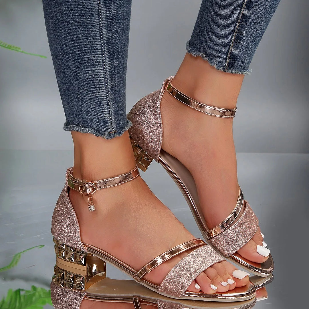 Black block heel dress sandals with ankle strap, perfect for women.