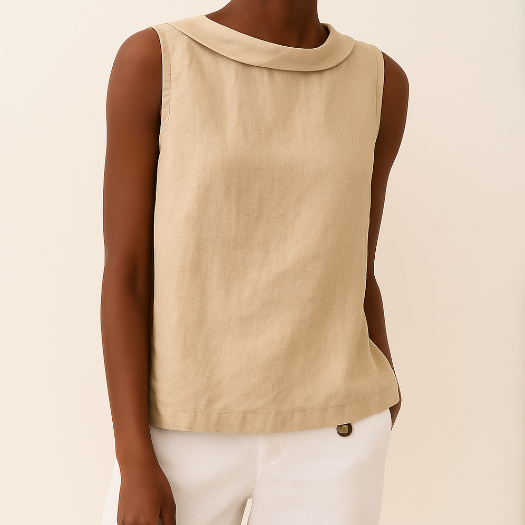 Beige women's sleeveless roll collar top with a relaxed fit, made from a soft knit fabric.