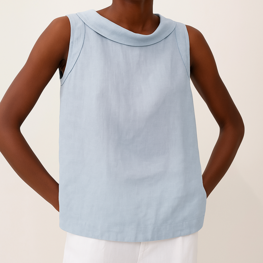 Blue women's sleeveless roll collar top with a relaxed fit, made from a soft, flowing fabric.