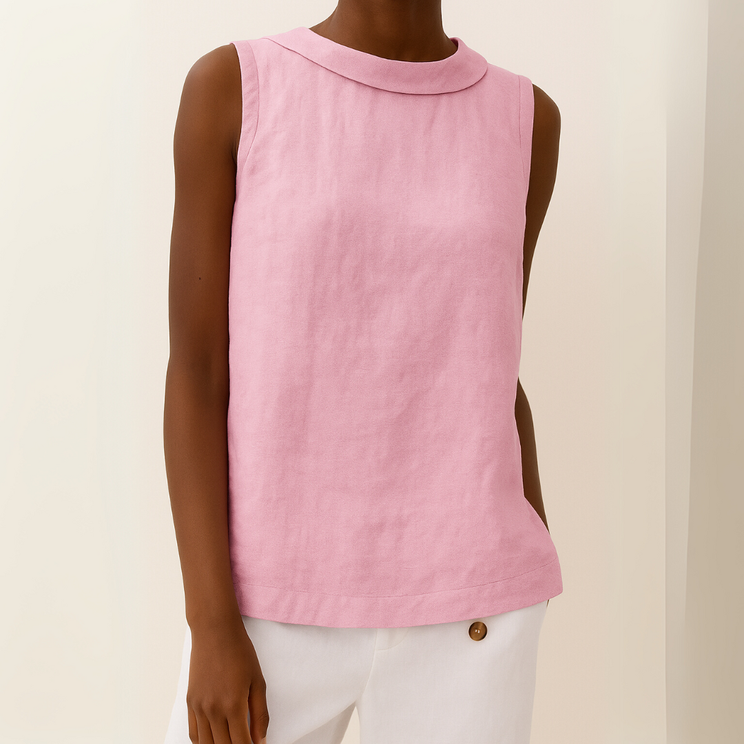 Pink women's sleeveless roll collar top with a relaxed fit, made from soft knit fabric.