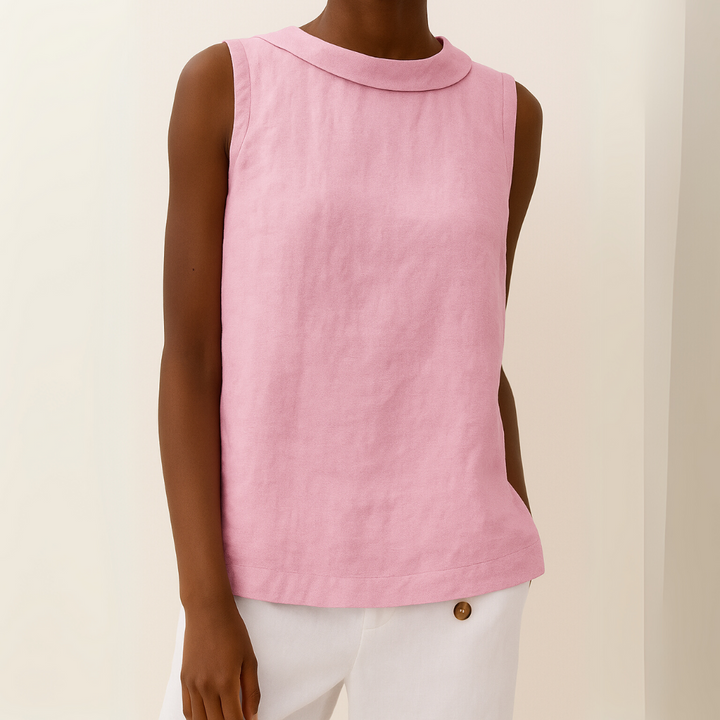 Pink women's sleeveless roll collar top with a relaxed fit, made from soft knit fabric.