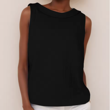 Black women's sleeveless roll collar top with a relaxed fit, made from soft knit fabric.