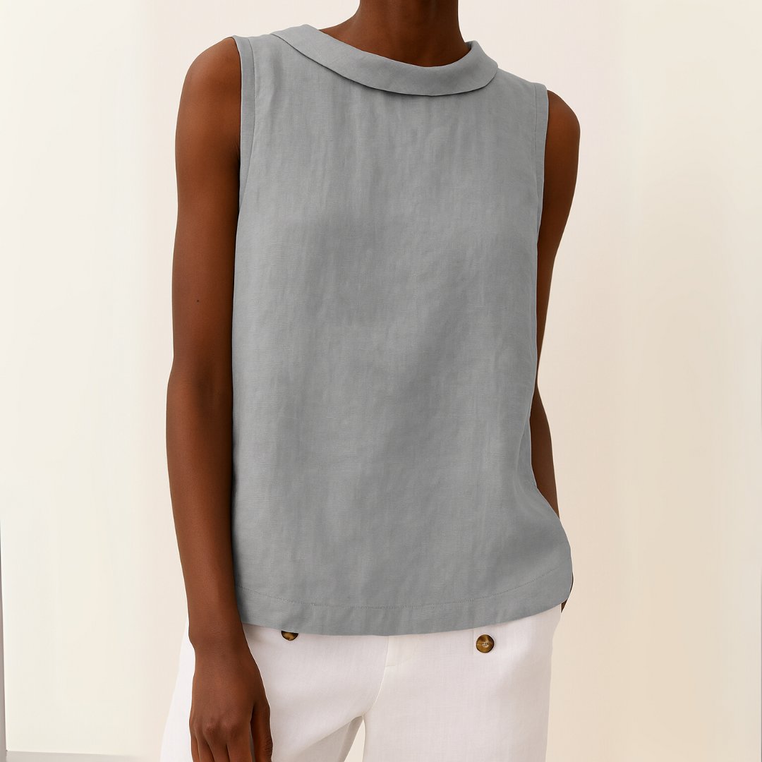 Gray women's sleeveless roll collar top with a relaxed fit, made from a soft knit fabric.