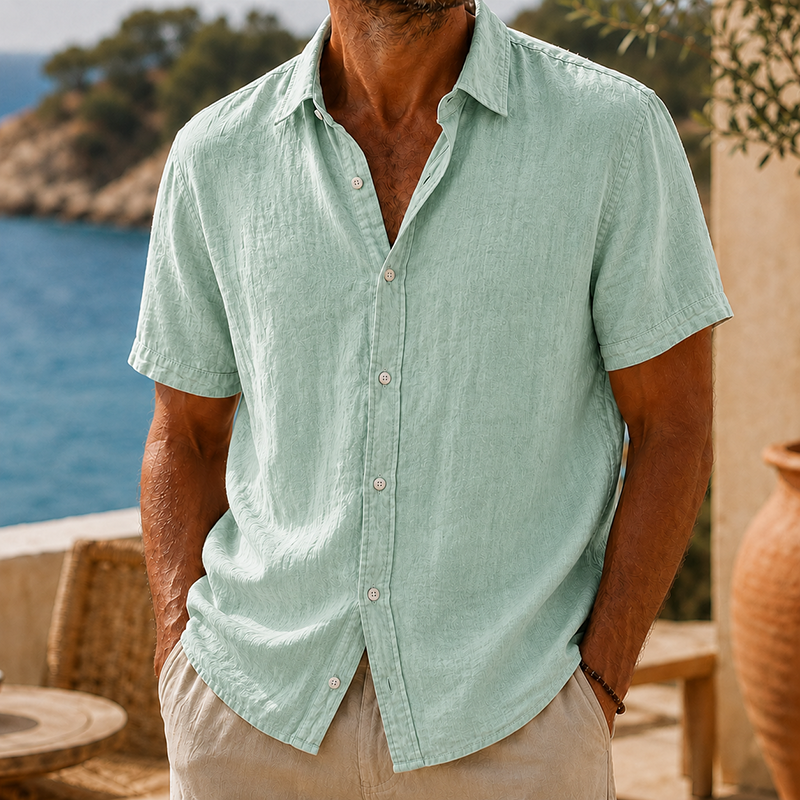 Men's Tyson light green linen short sleeve button shirt with collared neckline and textured finish.